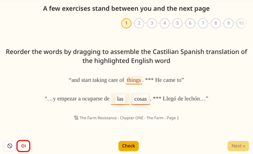 An exercise with the speaker button in its footer highlighted