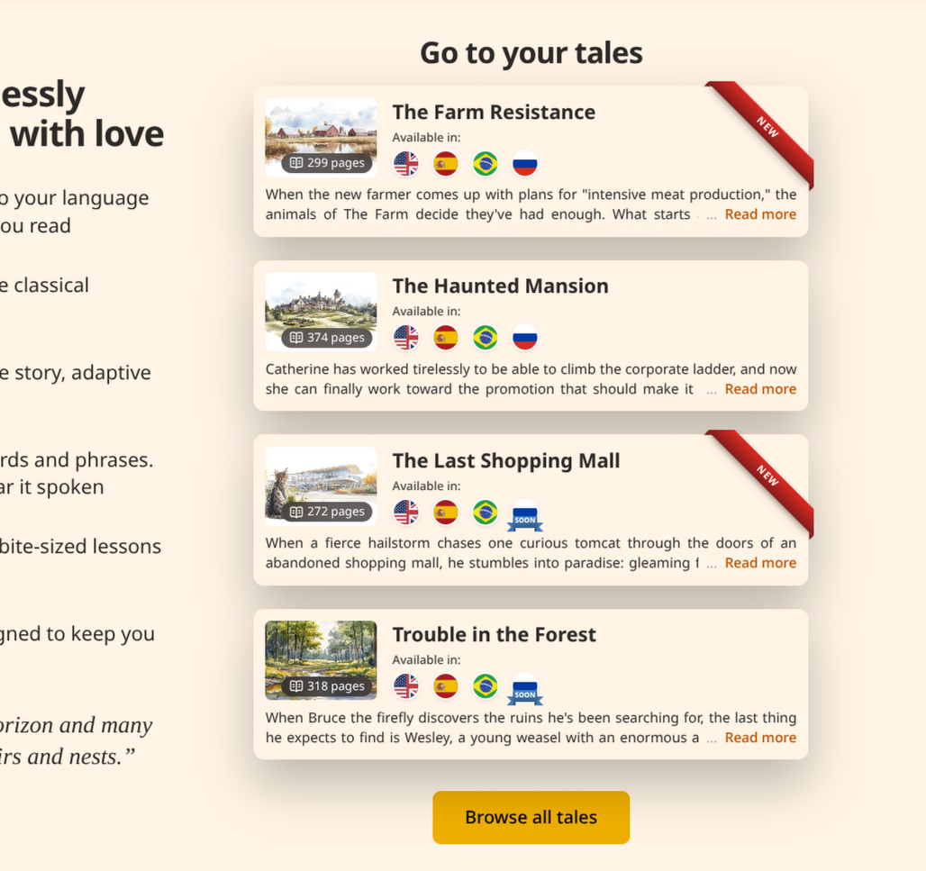The homepage with the four tales listed, their languages, and page counts