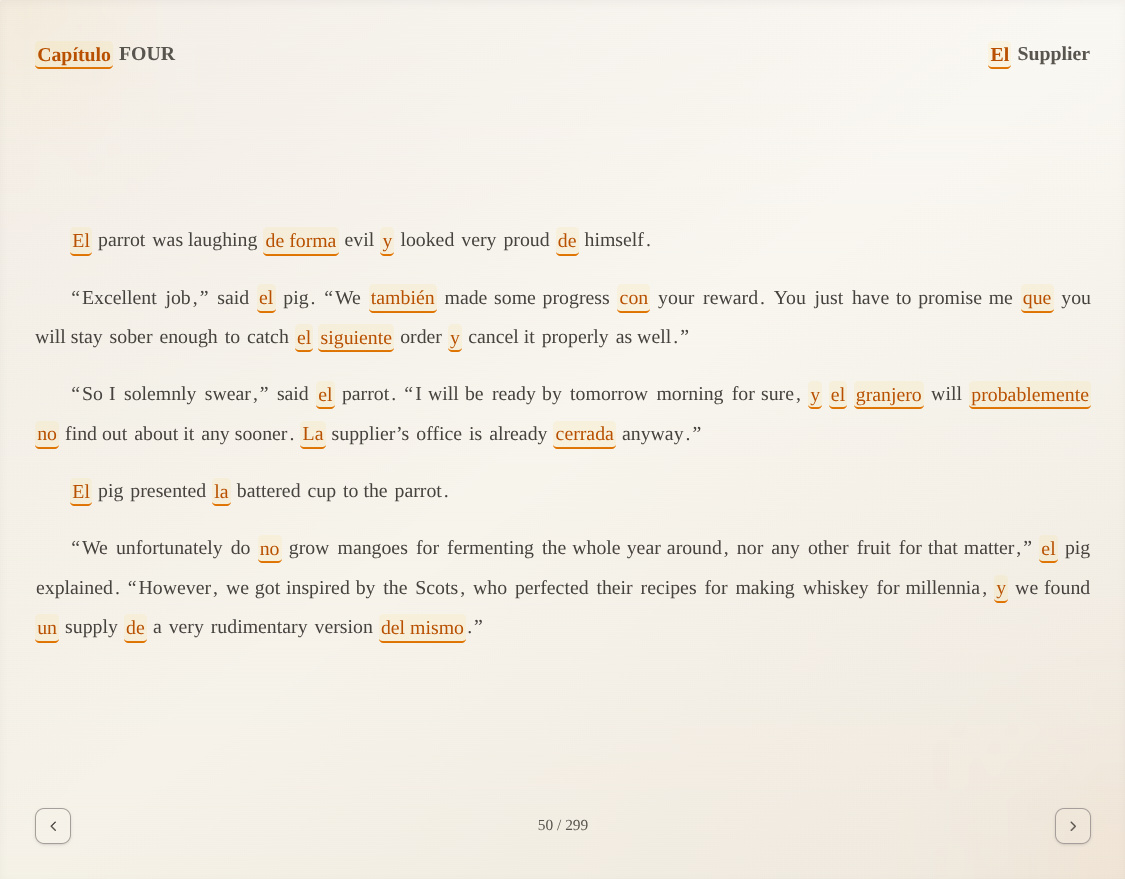 The same tale page with more Spanish words, hints turned off