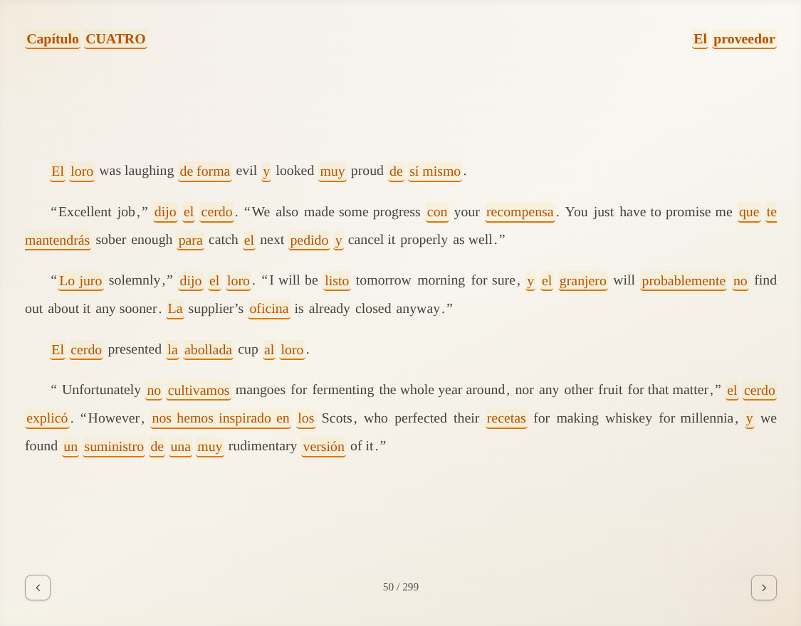 The same tale page with many Spanish words and no hints