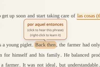 A tooltip over a phrase showing its translation, with the hints click to hear this phrase and right-click to learn it