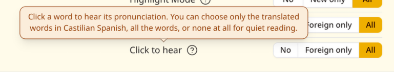 The Click to hear setting with the options No, Foreign only, and All