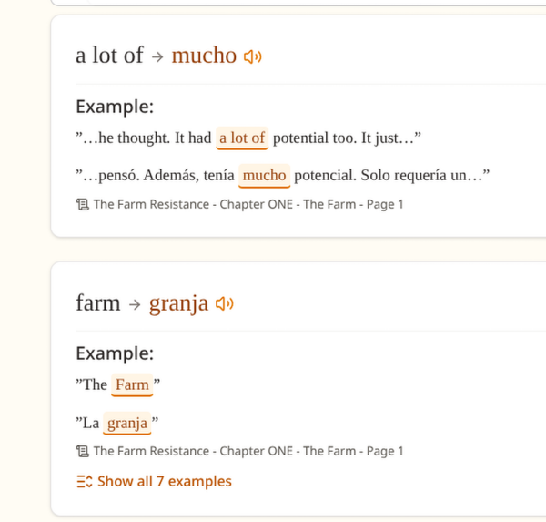 Two Vocabulary entries with speaker icons next to the Spanish words